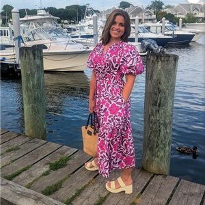 Sugarlips Aubrey Floral Pink Bubble Sleeve Midi Dress